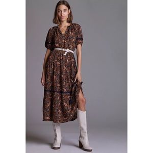 Anthropologie Navy and Orange Paisley Midi Dress